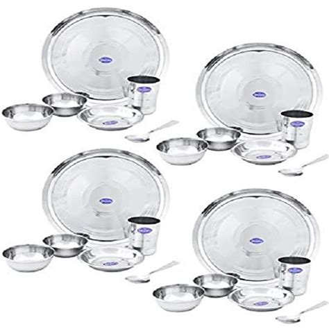 Sharda Metals Stainless Steel Classic Dinner Set with 4 Thali, 8 Curry ...