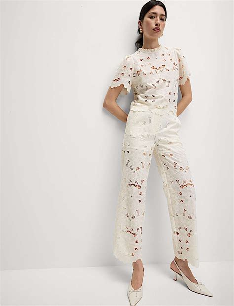 Buy High Neck Cutwork Puff Sleeve Top at Marks & Spencer