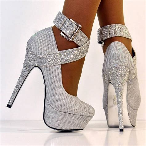 Silver Glitter Heels With Strap