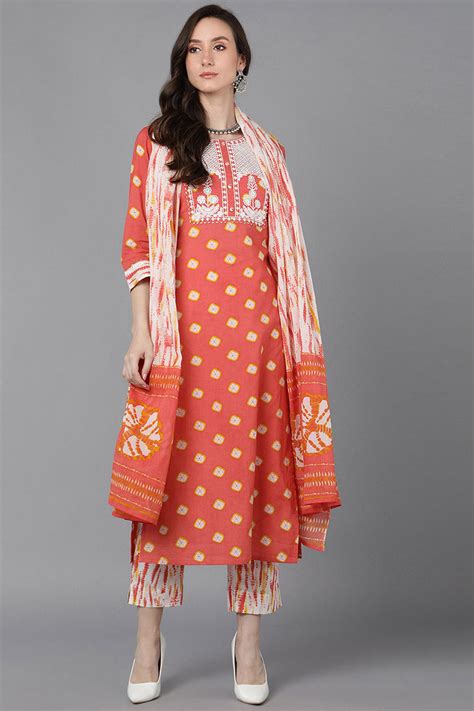 Orange Cotton Straight Kurta Pant With Dupatta VKSKD1627 – Ahika