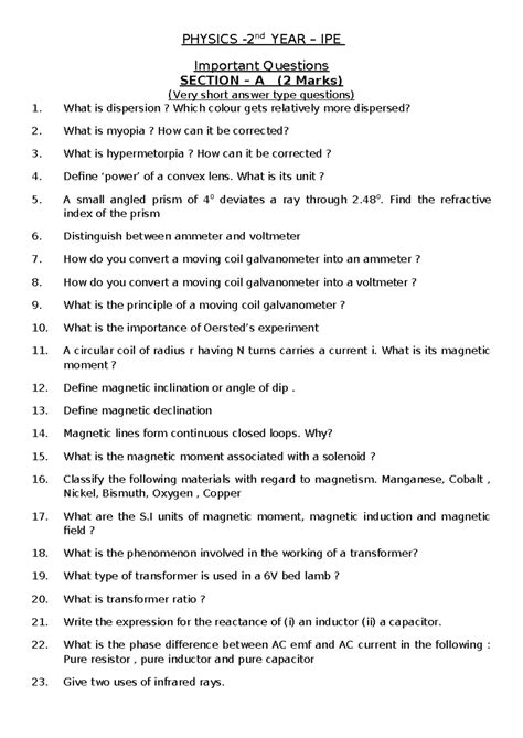 Physics - IPE - 2nd Year Important Questions for Exam Prep - Studocu