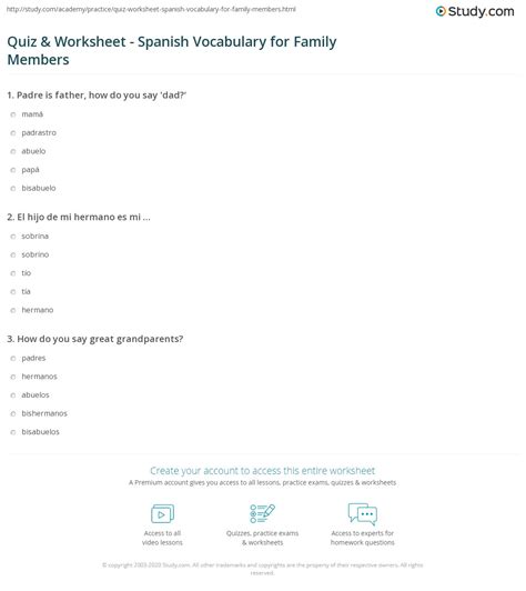 Quiz & Worksheet - Spanish Vocabulary for Family Members | Study.com