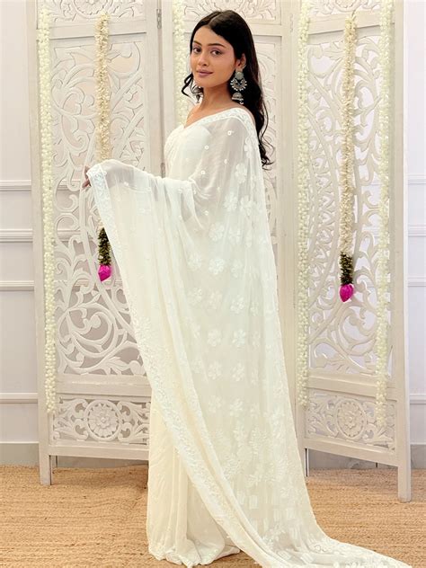 White Reimi Viscose Chikankari Saree | Elegant Festive Wear Saree