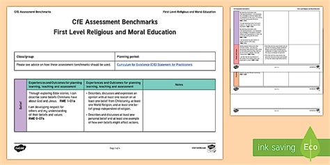 CfE First Level Religious and Moral Education Benchmarks Assessment Tracker