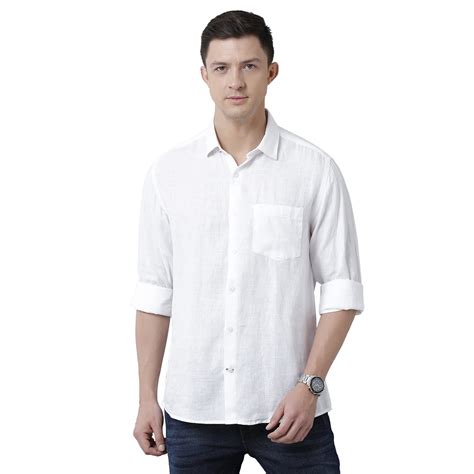 Linen Club Men's Pure Linen White Solid Slim Fit Full Sleeve Casual ...