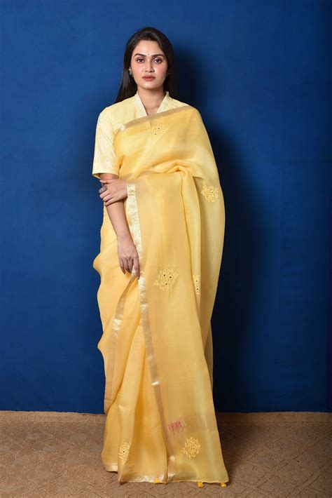 Yellow Organza Thread Embroidered Saree – Naina Jain