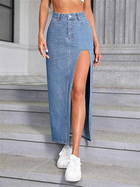 ZOTIKOS SOLID HIGH WAIST SPLIT THIGH DENIM SKIRT – Aahwan