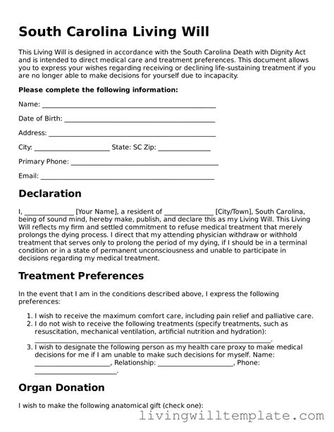 South Carolina Living Will Template ⇒ Download PDF Form