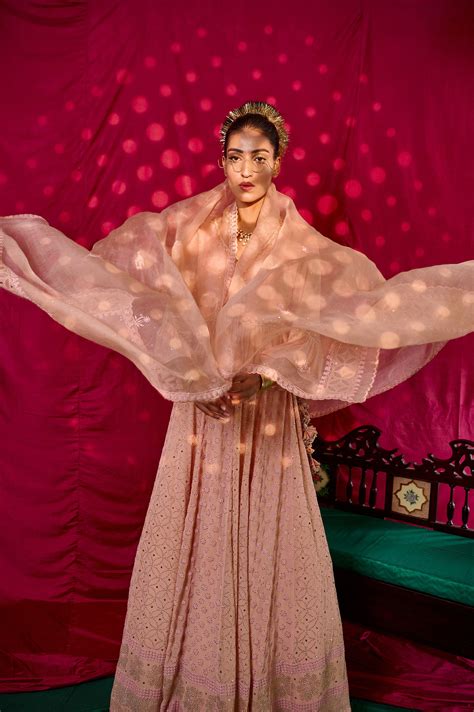 Pale peach pink chikankari mukaish lehenga and dupatta with embroidere ...