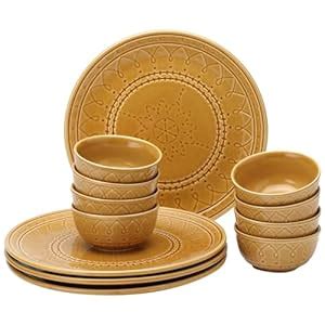Bodhi House Handcrafted Emboss Stoneware Ceramic Dinner Set, 12 Pieces ...
