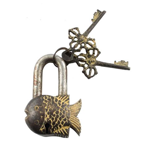 Brass Fish Padlock With Keys In Pair With Patina Finish