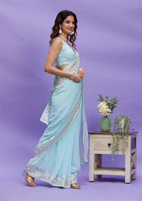 Buy Sky Blue Sequins Georgette Saree - Koskii