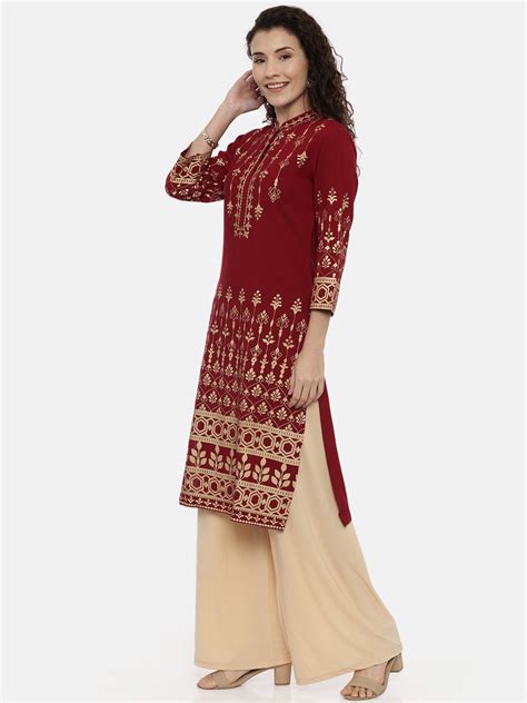 Neerus Maroon Ethnic Printed Rayon Straight Kurti for Casual Daily Wear ...