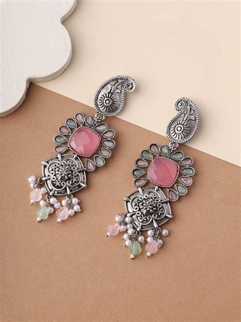 Priyaasi Mango Shaped Tribal Pink Stoned Earrings