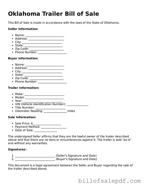 Get Oklahoma Trailer Bill of Sale Template • Bill of Sale PDFs