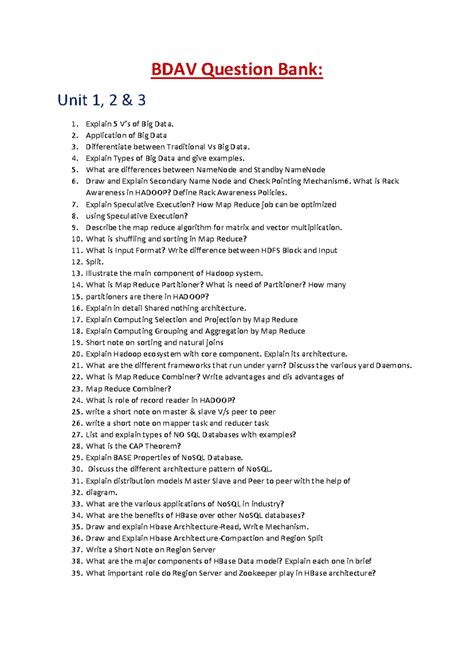 BDAV Question bank - BDAV Question Bank: Unit 1, 2 & 3 Explain 5 V’s of ...