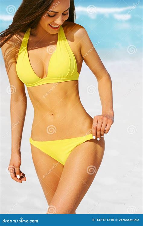 Portrait of Gorgeous Woman with Perfect Body in Bikini on the Beach ...