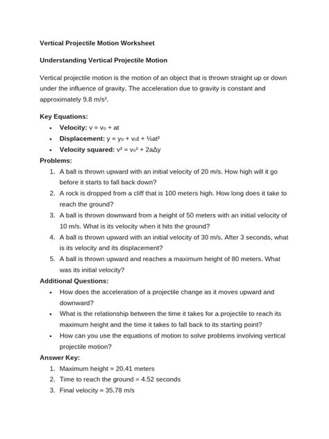 Image result for Vertical Projectile Motion Worksheet