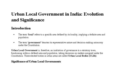 Urban Local Governance in India: Evolution & Significance - Studocu