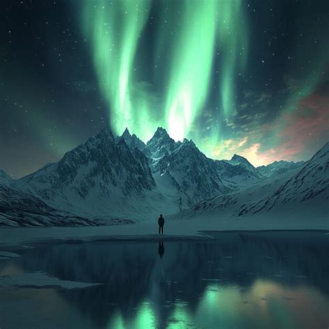 A person standing in front of a mountain with the aurora in the ...