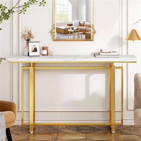Premium Golden Finish Console Table with Faux Marble Surface ...
