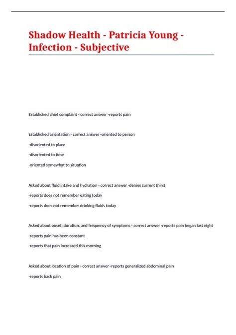Shadow Health - Patricia Young - Infection - Subjective with correct ...