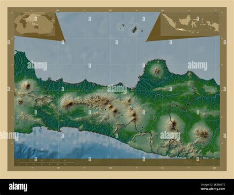 Jawa Tengah, city of Indonesia. Colored elevation map with lakes and rivers. Locations of major ...