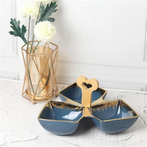 Luxury Blue Ceramic Tri-Part Platter with Bamboo Handle & Gold Rim – 2 ...