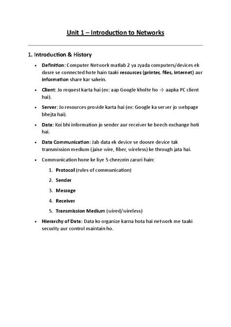 CN Unit 1: Introduction to Networks - Key Concepts and Overview - Studocu