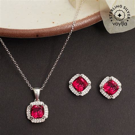 Square Cut Pink Ruby Silver Toned Sterling Silver Pendant Set – VOYLLA