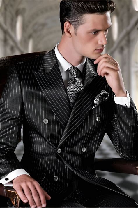 Men's Pinstripe Double Breasted Suit, Black Groom Dinner Suit, Classic ...