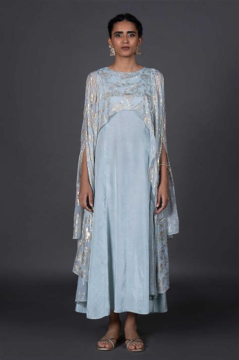 Light Blue Solid Belted Dupatta Drape Georgette Dress – wforwoman