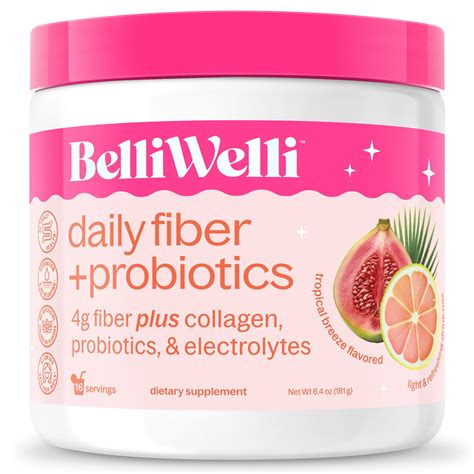 BelliWelli Daily Fiber Probiotic Supplement with Collagen Electrolytes Tropical Breeze 6.4 oz ...