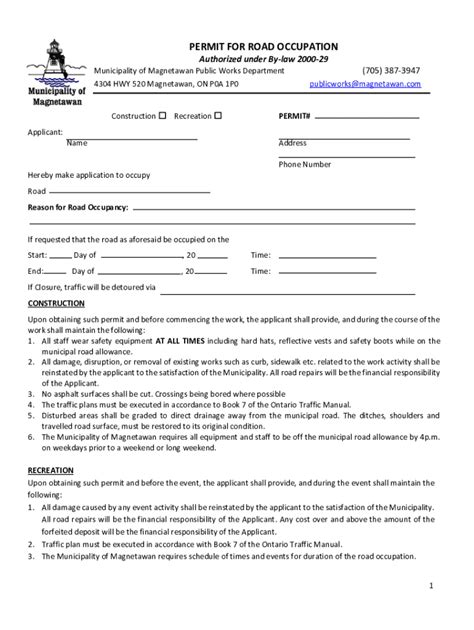 Fillable Online Permit for Road Occupation - Municipality of Magnetawan ...