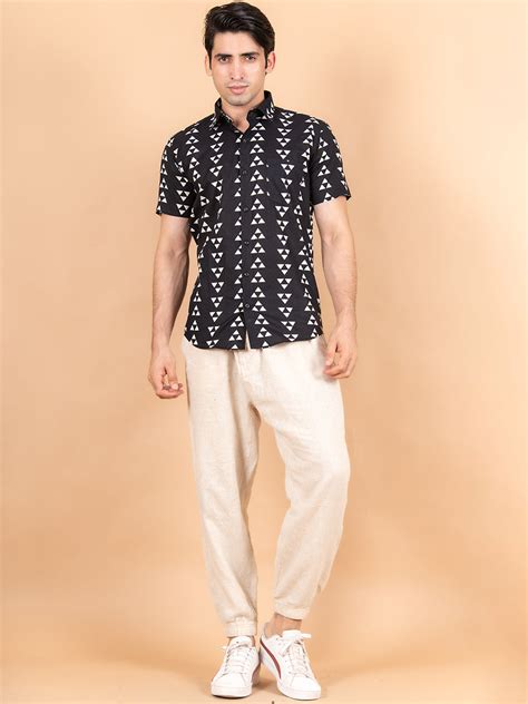 Buy Black Geometric motif printed cotton Half sleeves shirt Online ...