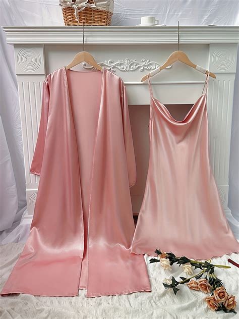 Satin Pajama Set & Robe Long Sleeve V Neck Slip Dress – CRAZE