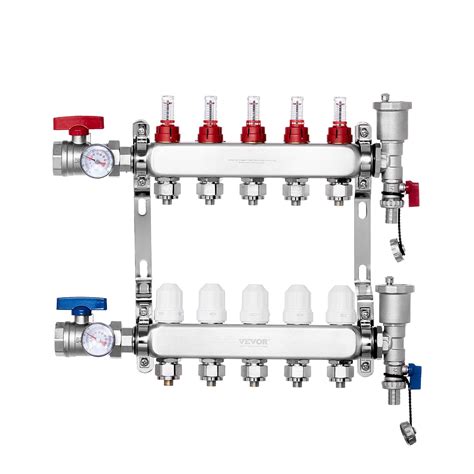 VEVOR 5-Branch Radiant Heat Manifold 1/2" PEX Tubing Floor Heating ...