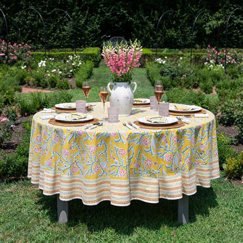 Climbing Dahlia Yellow Floral Tablecloth | Vibrant Table Linens ...