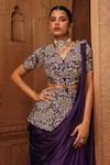 Buy Purple Satin, Silk Embroidery V-neck Peplum Top And Pre-draped ...