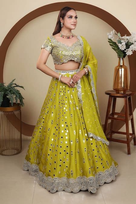 Buy Green Organza, Denim Mirrors, Zari V-neck Hand Embroidered Lehenga ...