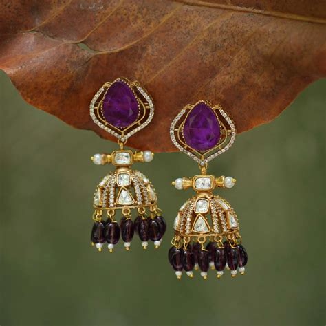 Hradha Polki Jhumka - Purple