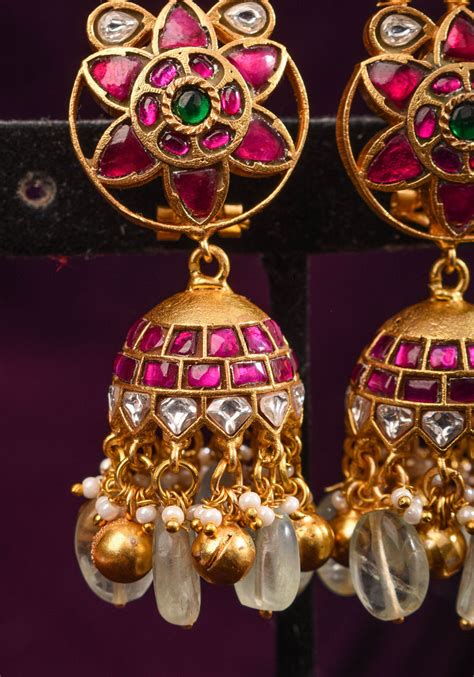 Ahmedabadi Jadau Jhumka earrings in Antique gold tone 2.6" – Shobitam India