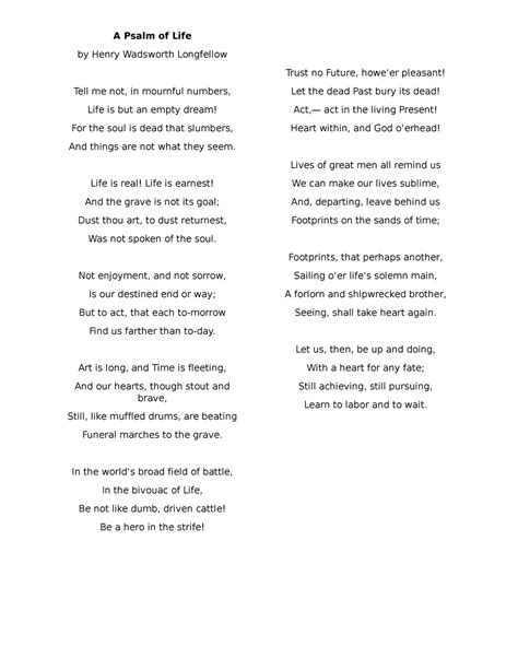Psalm of Life - Poem - A Psalm of Life by Henry Wadsworth Longfellow ...