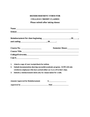 Fillable Online REIMBURSEMENT FORM FOR School Reimbursement for class ...