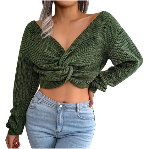 Hfyihgf Women's Sexy Criss Cross Cropped Sweaters Long Sleeve V-Neck ...