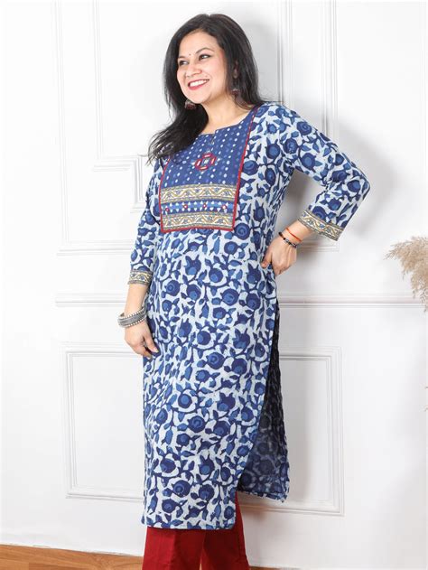 Chaahat Indigo Blue Kutch Mirror Neck Work Ajrak Print Cotton Kurti-D1 ...