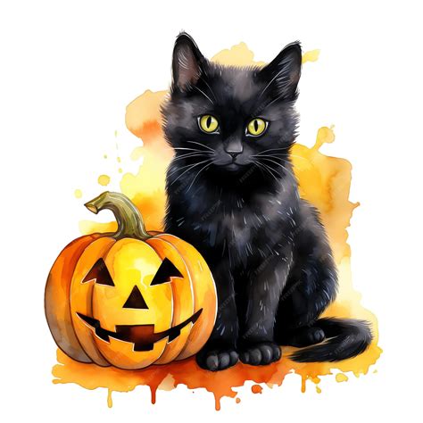 Halloween black cat with pumpkin watercolor illustration halloween ...