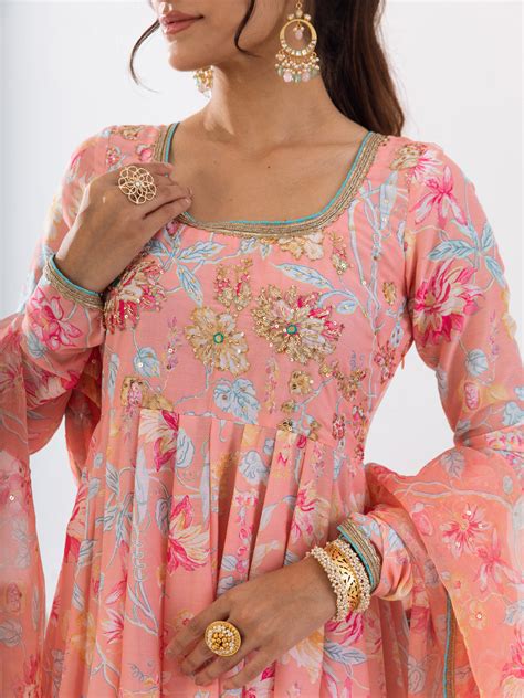 Peach floral printed anarkali set – rivaajclothing