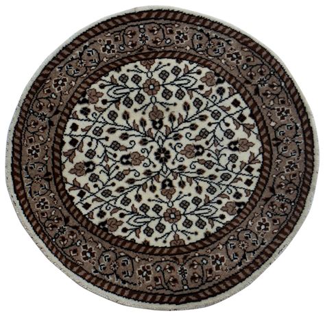 Round Hand Knotted Traditional Rug - Ivory Brown 58 KPSI 3x3 5x5 ...