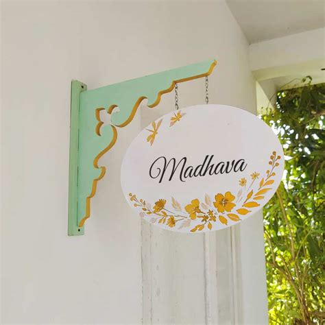 Wall Hanging Name plate - Mint Green Oval White Yellow Flowers